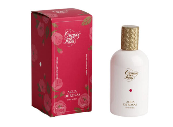 Frasco de Perfume en Ceramica Blanca con tapón dorado Campos de Ibiza Agua de Rosas