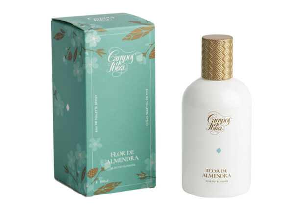 Frasco de Perfume en Ceramica Blanca con tapón dorado Campos de Ibiza Flor de Almendra