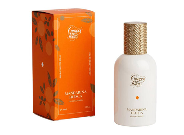 Frasco de Perfume en Ceramica Blanca con tapón dorado Campos de Ibiza Mandarina Fresca