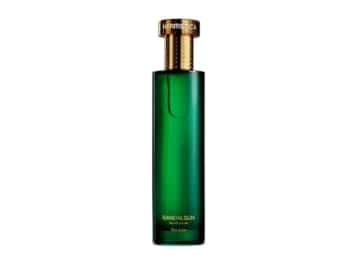 Frasco de perfume verde con tapón dorado Hermetica Sandalsun