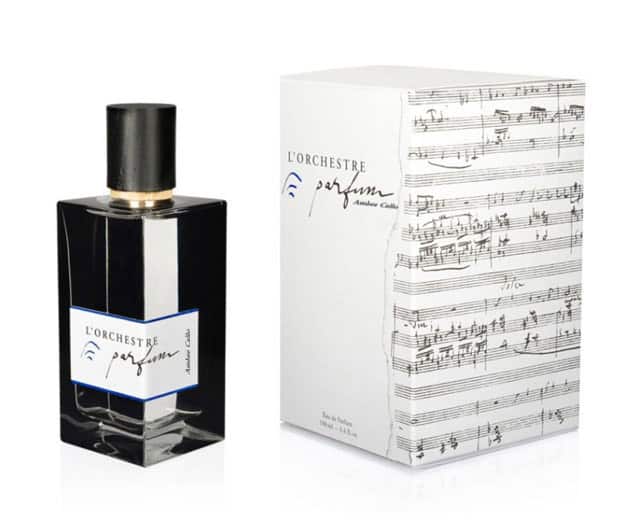 Frasco de agua de Perfume con caja con partitura musical L´Orchestre Parfum Ambre Chello