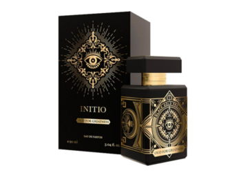 Frasco de perfume negro mate con chapa de metal dorada Initio Oud for Greatness