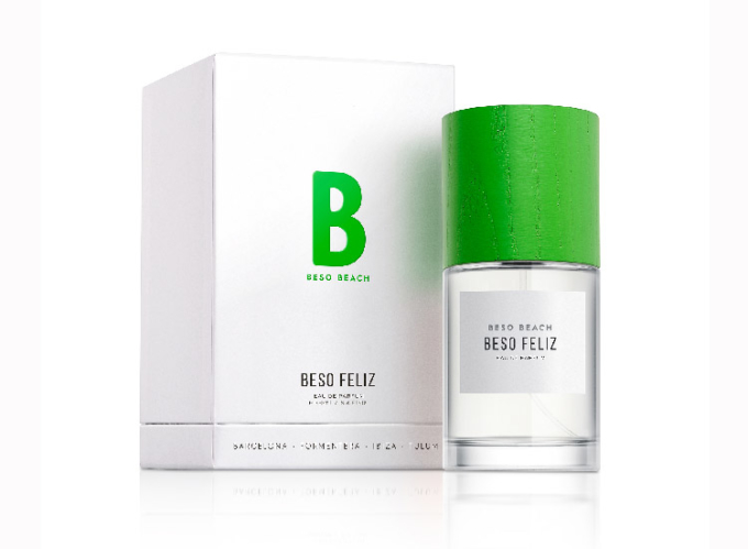 Frasco de perfume redondo con tapon verde Beso Beach Beso Feliz