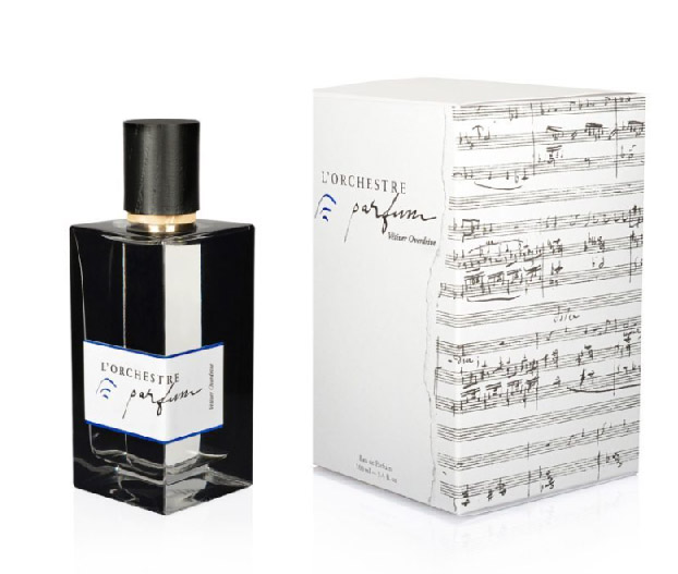 Frasco de Perfume Ahumado con tapón d emadera negro y caja con notas musicales lorchesta Vetiver Overdrive