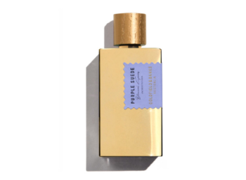 Frasco de Perfume Dorado con etiqueta morada Goldfield & Banks Purple Suede
