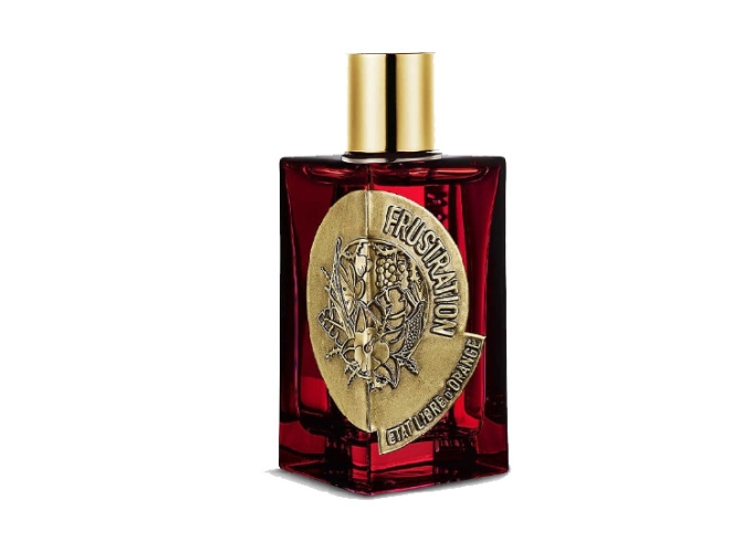 Frasco de Perfume granate con chapa dorada Etat Libre d´Orange Frustation 