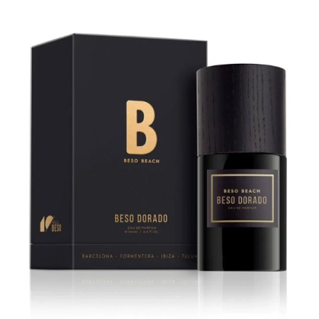 Frasco de Perfume ahumado con tapon de madera negro Beso Dorado Beso Beach