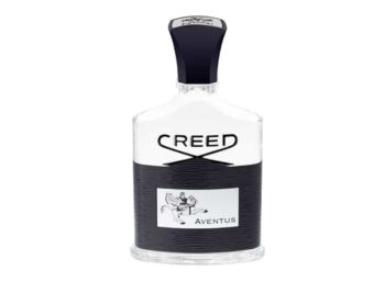 Frasco de perfume de cristal con etiqueta y tapon negro Creed Aventus