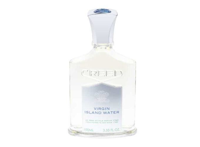 Frasco de perfume de cristal trasparente con tapon plateado Creed Virgin Islands Water