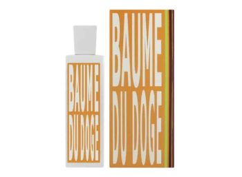 Frasco de perfume de ceramica blanca y etiqueta amarilla Eau d´Italie Baume du Doge