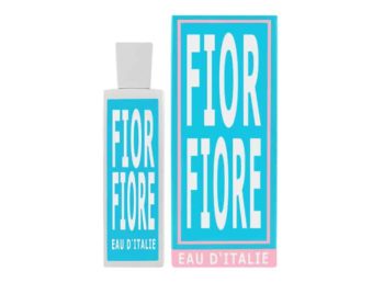 Frasco de perfume de creamica blanca con etiqueta azul y tapon blanco Eau d´Italie Fior Fiore