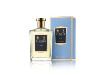 Frasco de perfume trasparente con tapón dorado Floris Nº89