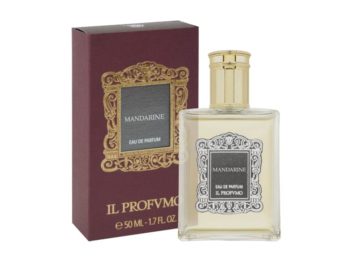 Frasco de Perfume con tapón dorado y caja granate Il Profumo Mandarine
