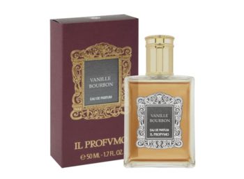 Frasco de Perfume con tapó dorado y caja granate Il Profumo Vanille Bourbon