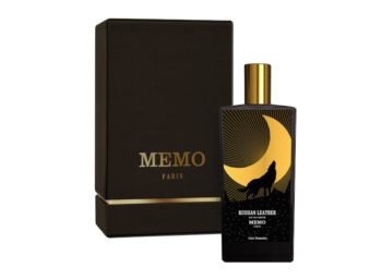 Frasco de Perfume con placa dorada con dibujo de un lobo y la luna Memo Paris Russian Leather