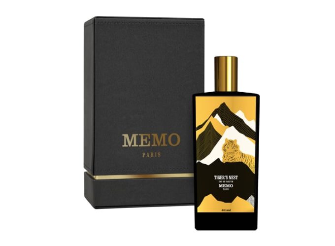 Frasco de Perfume con placa dorada con dibujo de tigre en las montañas Memo Paris Tiger's Nest